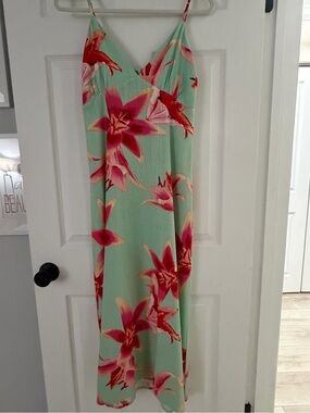 Mint Green Floral Slip Dress with Pink & Coral Blooms